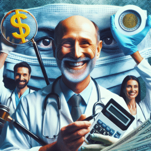 Médico revisa finanças. Guia de contabilidade para médicos focando em redução de impostos e crescimento de clínicas.