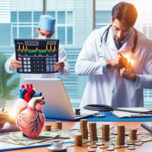 Médico com estetoscópio e gráficos financeiros, simbolizando contabilidade para médicos e lucro. Foco no paciente.