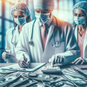 Contabilidade para Médicos: Médico analisando planilhas e documentos financeiros, buscando reduzir impostos e focar nos pacientes.