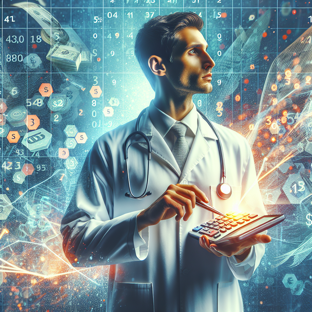 Contabilidade para Médicos: Médico sorri ao ver gráficos financeiros, indicando redução de impostos e crescimento do consultório.